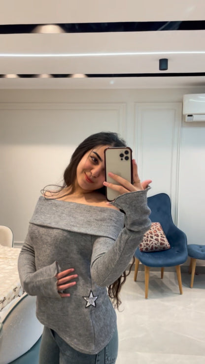 Grey Off Shoulder Sweater