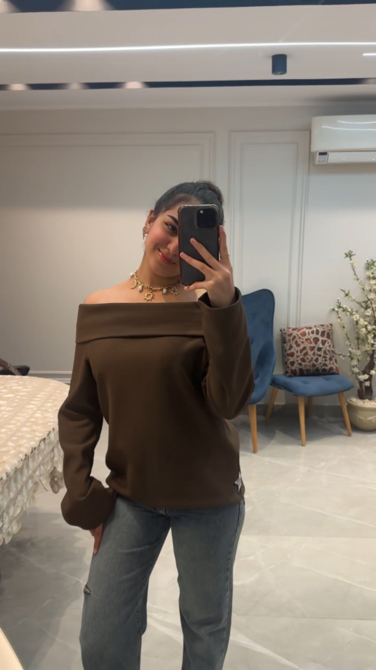 Brown Off Shoulder Sweater