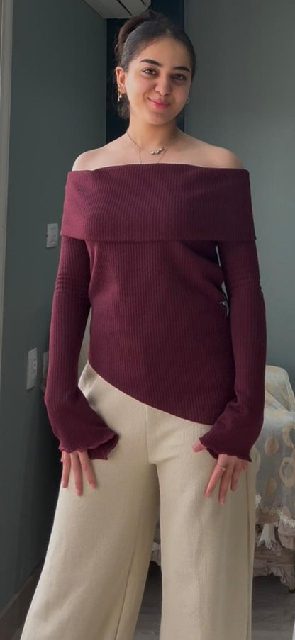 Burgundy Knitted Off Shoulder Sweater