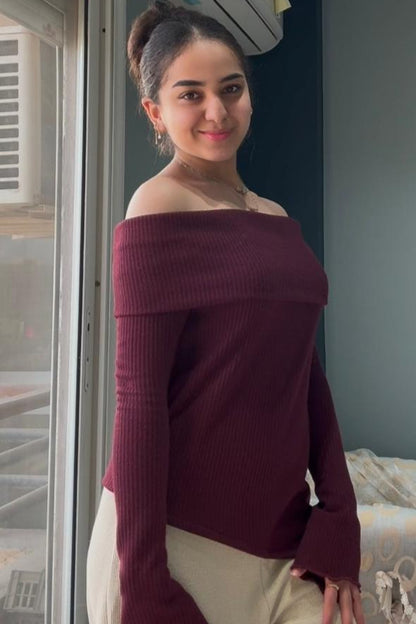 Burgundy Knitted Off Shoulder Sweater