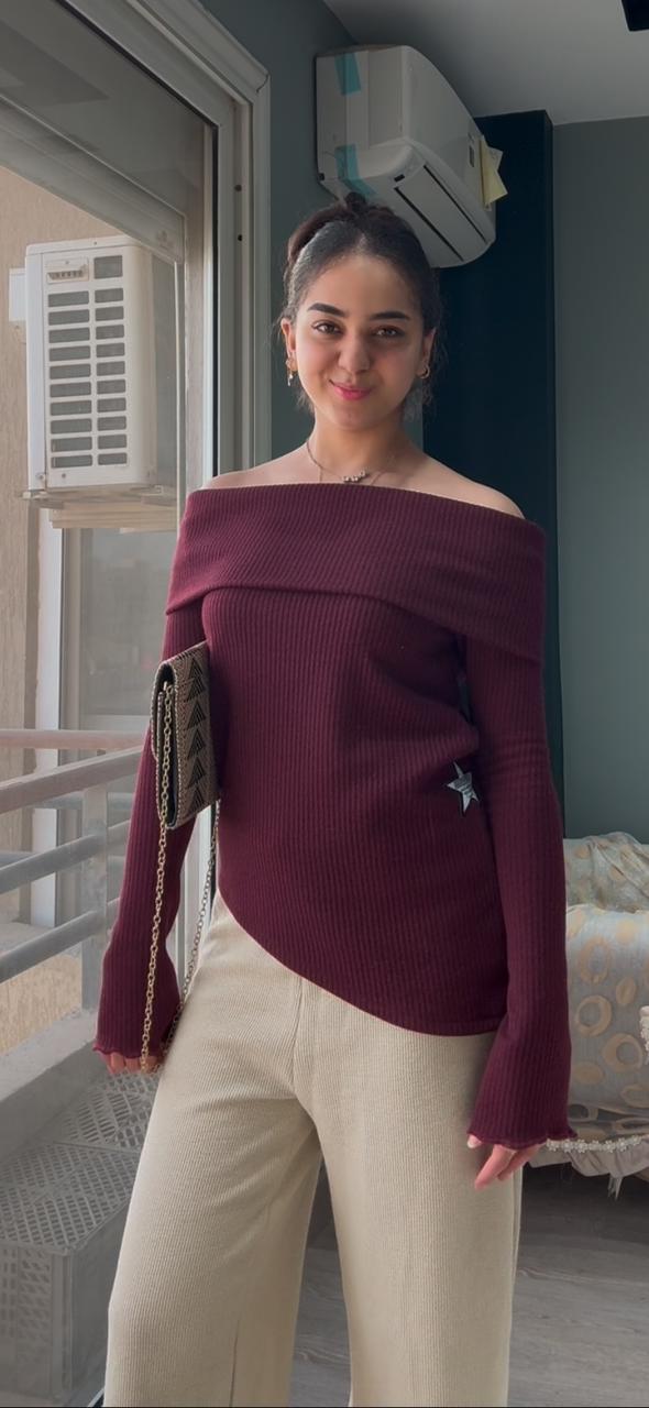 Burgundy Knitted Off Shoulder Sweater